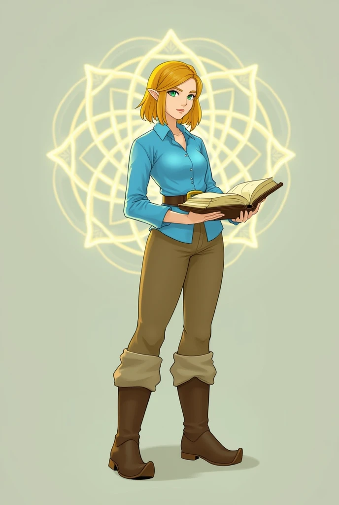 princess zelda, 1girl, artist request, belt, blonde hair, blue shirt, book, boots, expressionless, full body, green eyes, highres, looking at viewer, magic, nintendo, pants, pointy ears, shirt, short hair, simple background, solo, the legend of zelda, the legend of zelda: breath of the wild, the legend of zelda: tears of the kingdom, flower made of light, magic