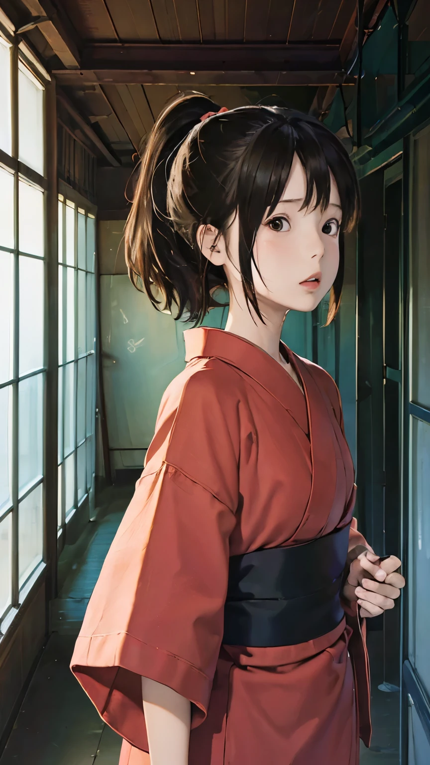 (masterpiece:1.4)、(Highest quality:1.4)、(High resolution:1.4)、Chihiro Ogino、ponytail、Unite Form、Red kimono、Old public baths、colorful、High contrast