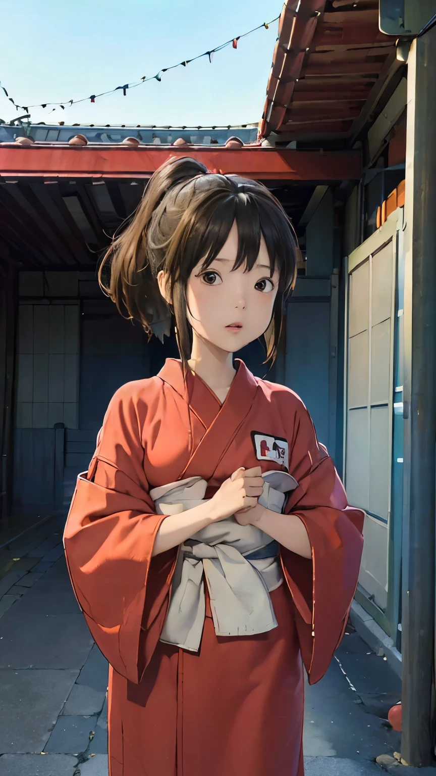 (masterpiece:1.4)、(Highest quality:1.4)、(High resolution:1.4)、Chihiro Ogino、ponytail、Unite Form、Red kimono、Old public baths、colorful、High contrast
