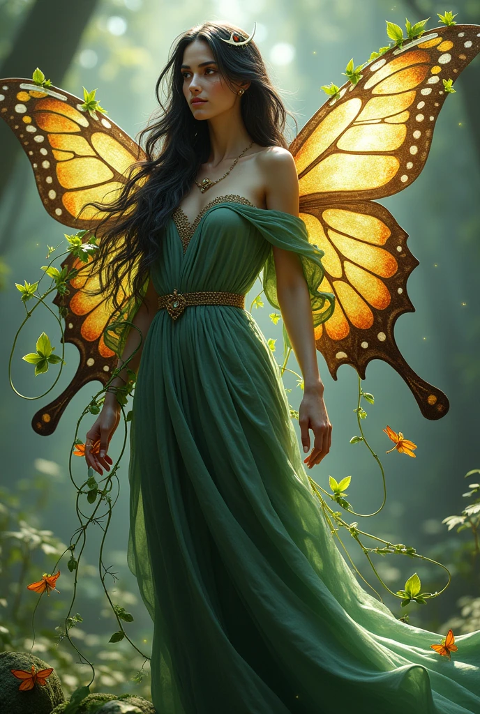 Make me a full body avatar standing, a pretty woman with long dark hair, with butterfly wings which looks like a soul with a third eye and with plants coming out of its body