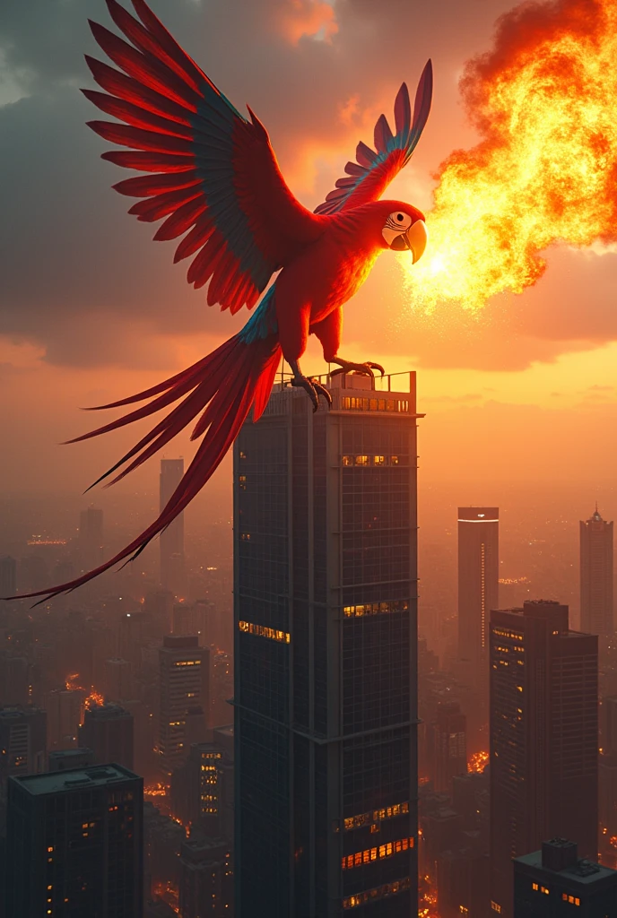 A macaw throwing flames from the top of a building in Caracas 