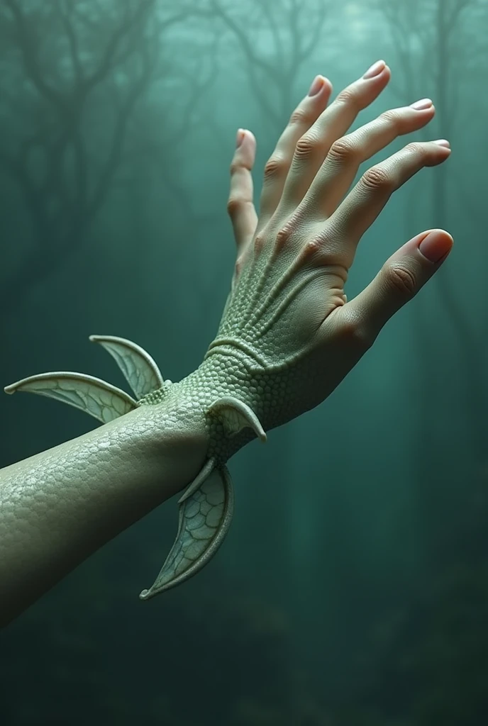Female's hand is slightly streched and scales grow instead of skin. Color does not change. Hand has flippers for swimming and long, rounded up fingernails.