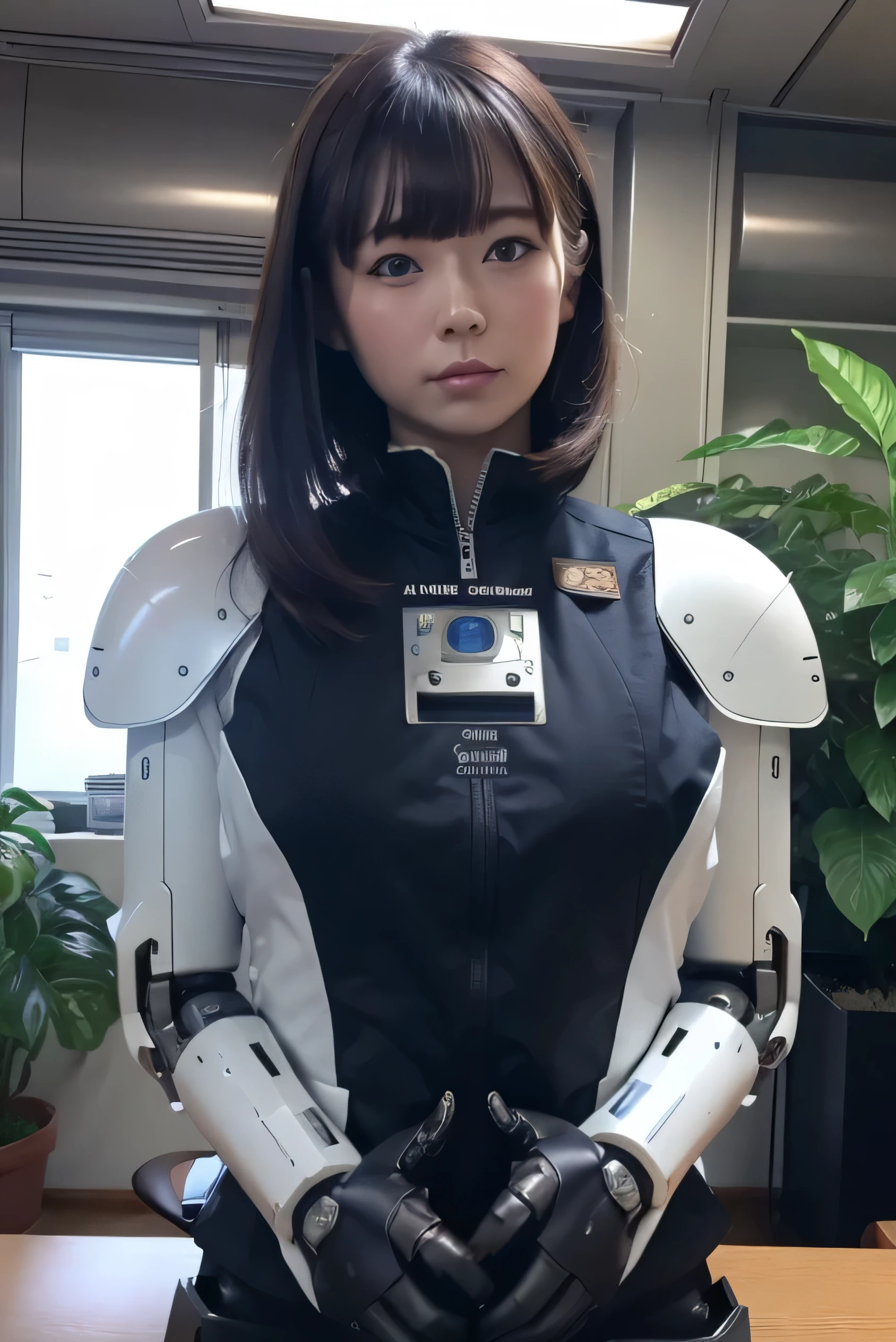 masterpiece, best quality, extremely detailed,portrait, Japanese android girl,Plump ,control panels,robot arms,robot,android,cyborg,robot body,blunt bangs,robot repair plant,black skinny pants,boots,blue eyes, office-lady