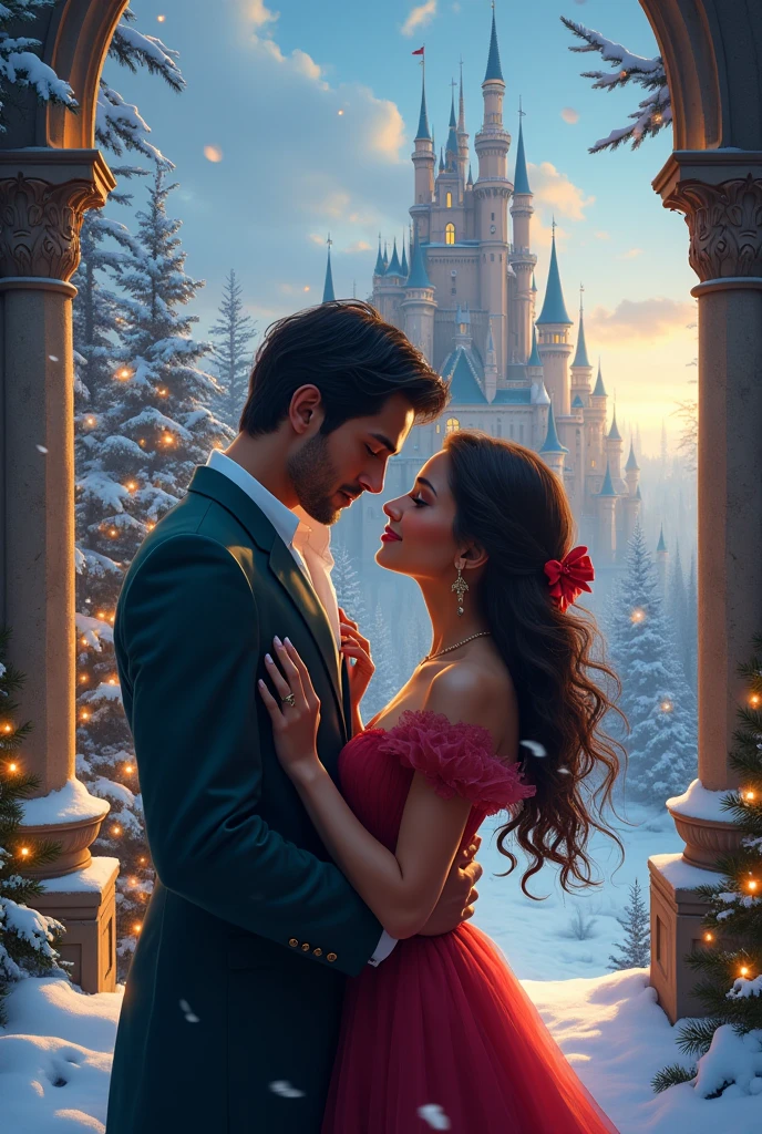 Make a book cover for a destiny mapped out man inspired by Can Yaman interracial couple Christmas and castle fairy tales