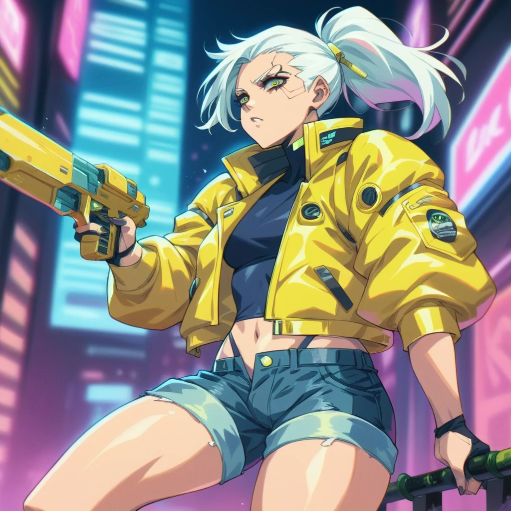 Cyberpunk woman in a yellow rubber jacket and denim shorts, She has short white hair tied back in a ponytail., She is in a neon futuristic city, use a weapon, a vintage 1972