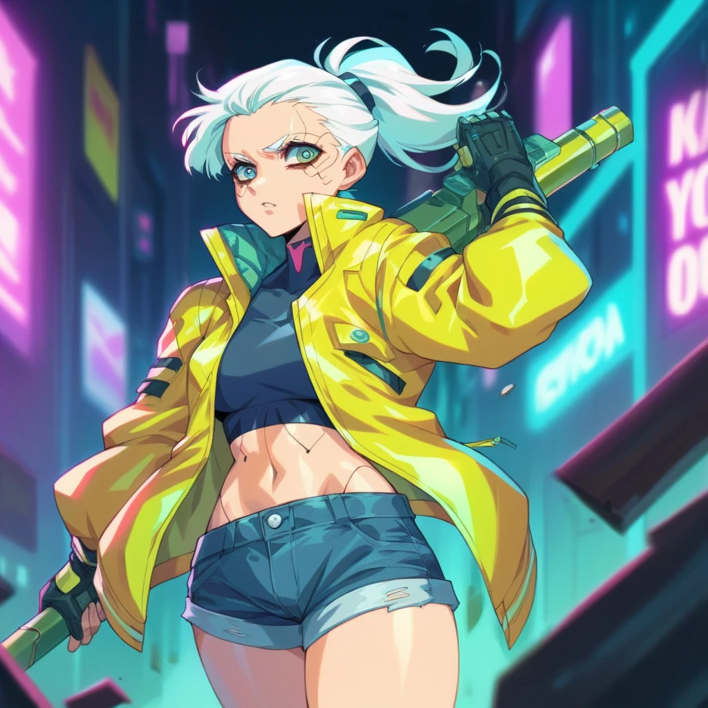Cyberpunk woman in a yellow rubber jacket and denim shorts, She has short white hair tied back in a ponytail., She is in a neon futuristic city, use a weapon, a vintage 1972