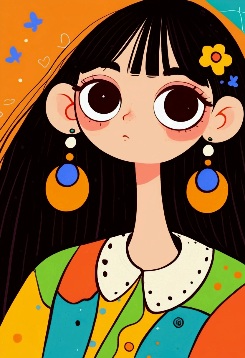 Flat Wind,Vector,Childish art cartoon,Cartoon girl with black hair and big earrings,big eyes,Cute expression,Bangs,Minimalism, White collar,Lovely art style, rich and colorful! Digital illustration style, The art of math. rich and colorful comic, Hand drawn cartoon art style,Solid color background,Black Lines