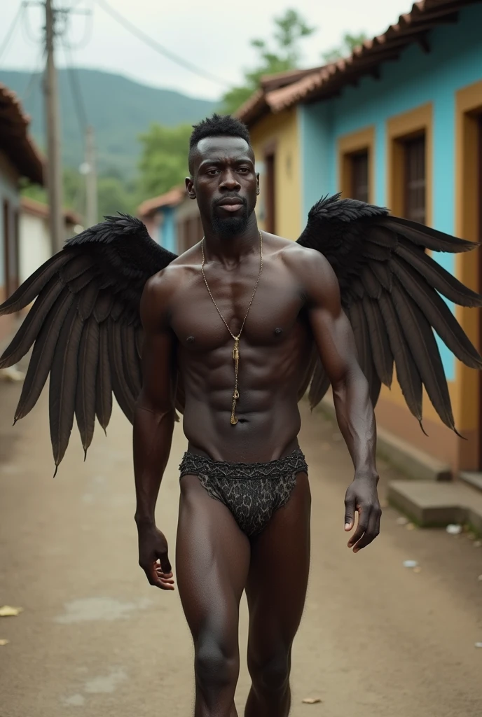 Explicit naked dark-skinned man with big penis dripping semen and wings walking in Venezuela neighborhood petare