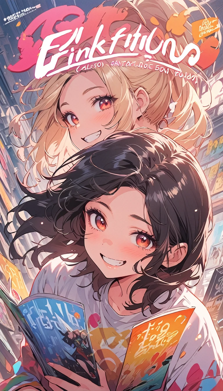 Beauty Hair Ponytail Black Hair　embarrassing smile　fund, mixed language_text, Japanese graffiti letters, gals, long blonde hair, Excellent lighting, side lighting, perfect ending (plain color: 1.3), (magazine_cover: 1.4), (multicolor_fund: 1.3), striped_fund, card_fund, :: comix style by joe madureira :: circular pieces of white metals glued to the ultra-detailed arms emitting a sparkling glow, perfect and detailed, ultra detailed shirt with abstract design and
