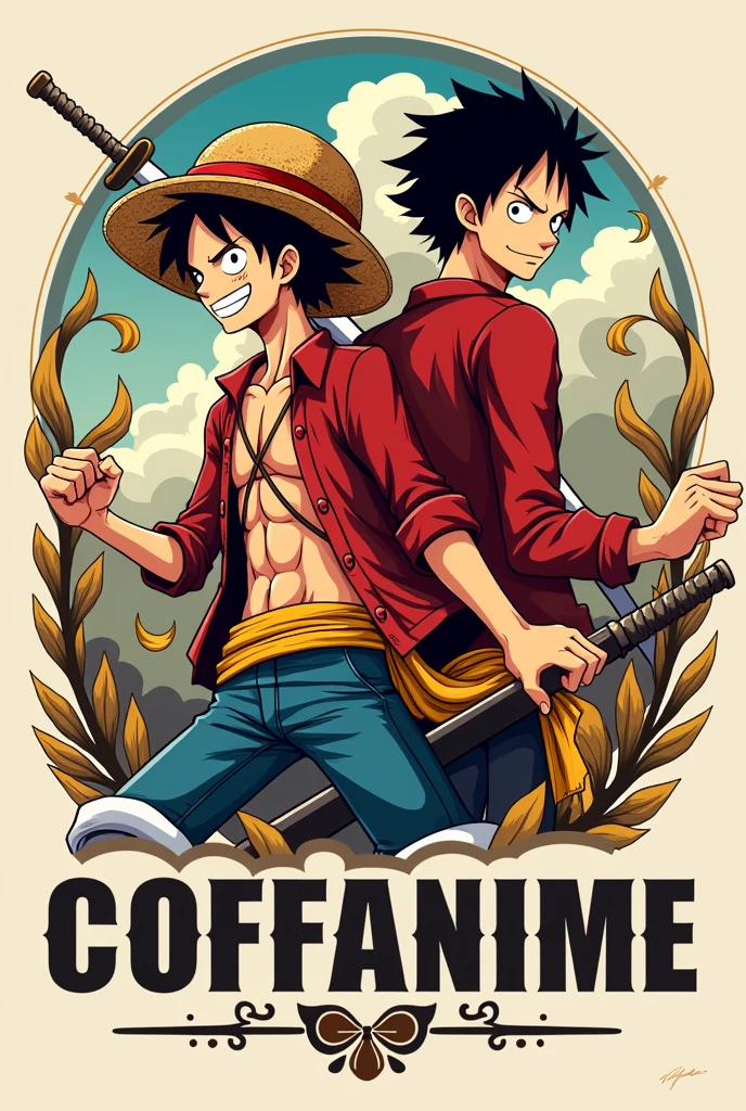 I want a logo for an anime themed cafe , THE COFFEE SHOP IS CALLED "COFFANIME" and I want Zoro Roronoa and Luffy to appear together in an epic way


