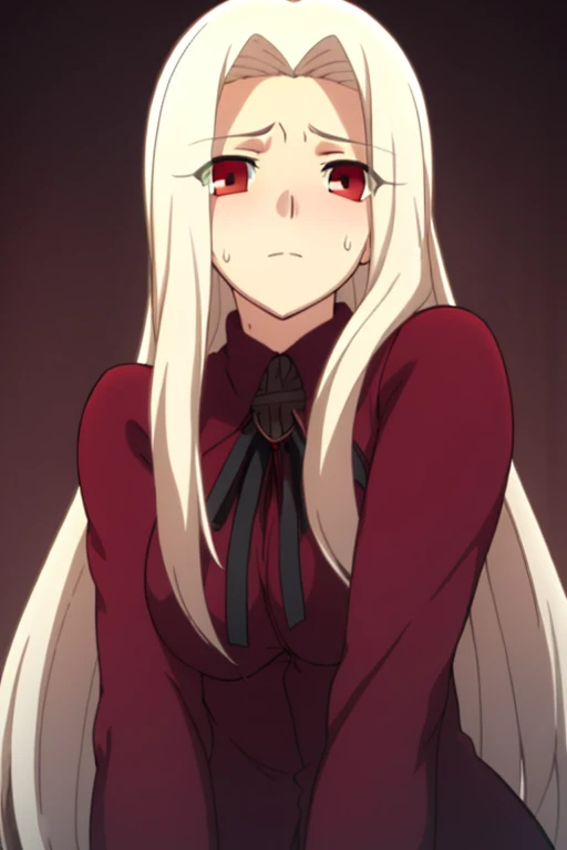 Irisviel Von Einzbern, (large breasts), oversized breasts, long hair, (platinum-blonde hair), (red casual blouse), ribbon, solo, facing the viewer, looking at the viewer, aroused facial expression, blush, sweat, (simple dark background), view from below