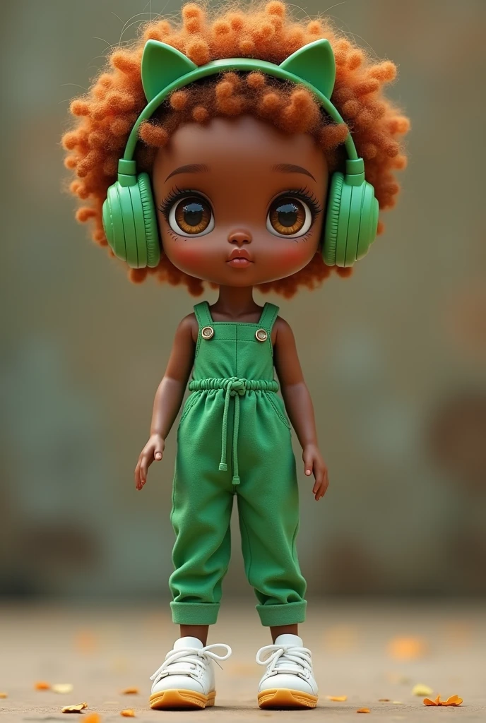  doll shape, darkskin 
,eyes browns, curry hair, green jumpsuit, White sneakers,green kitty headphones 
