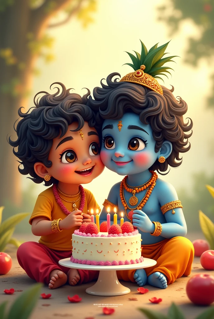 Create a boy named Ashu Yadav on tshirt and having cake and sitting krishna with him