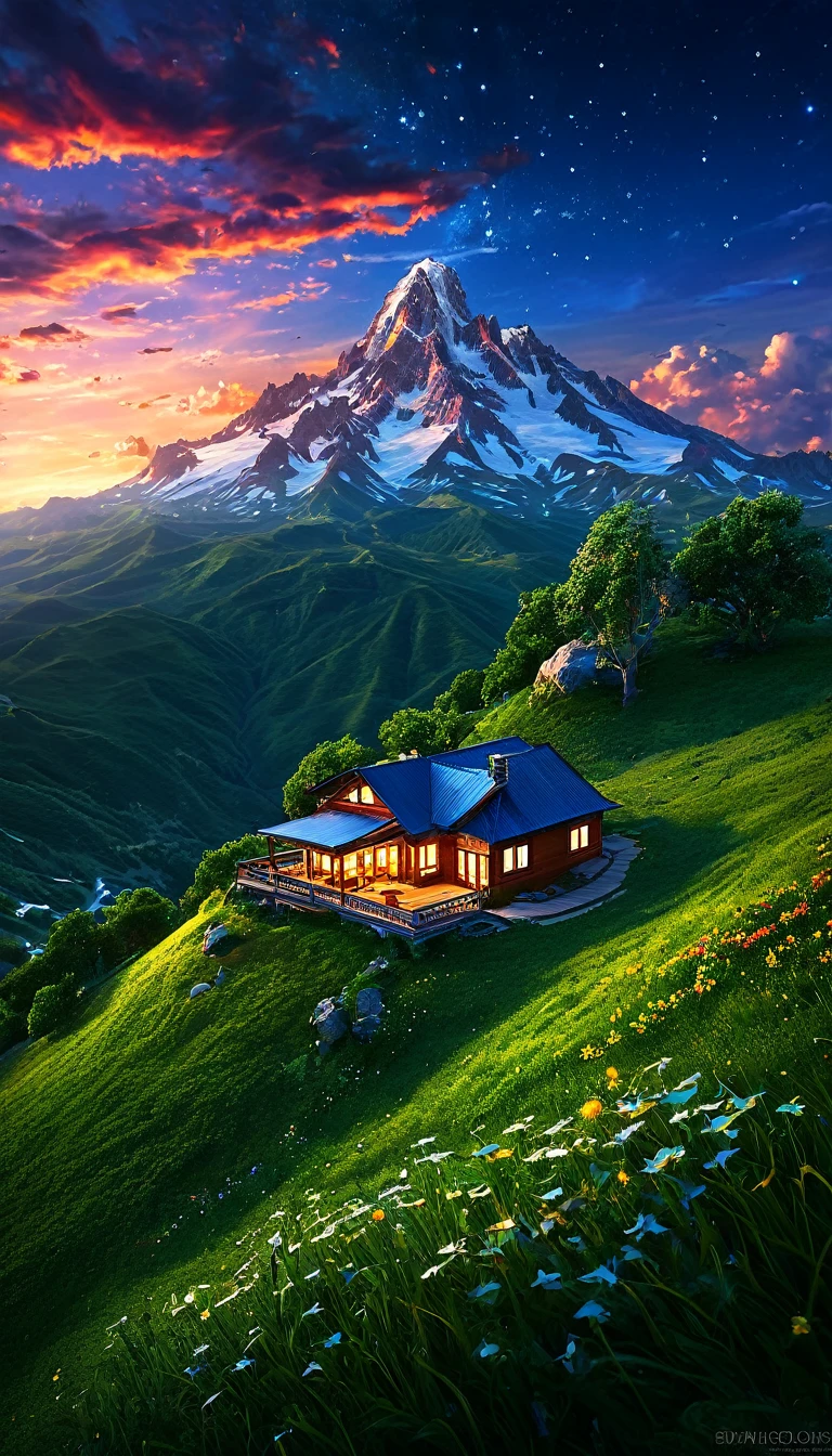 summer sky,photorrealistic,highly realistic,extremely details,stunningly lifelike,high contrast realism,high saturation realism,swirly vibrant colors,dramatic lighting,captivating landscape,compelling narrative,atmospheric scene,Mesmerizing visuals,details Intricate,strong emotions,beleza celestial,dream world,house on the mountain!
