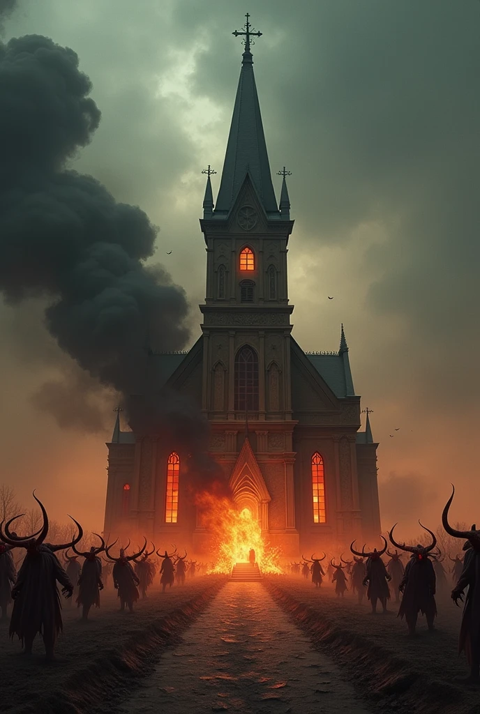 Church on fire surrounded by demons 