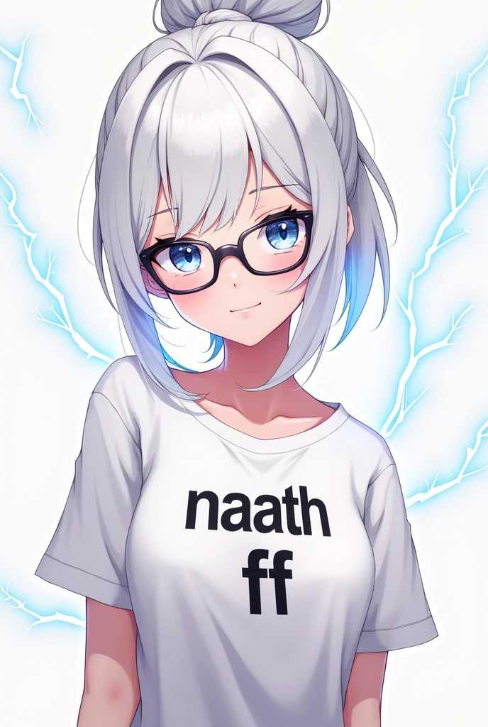 A Freefire character with white hair tied up with glasses and a white face, a white slutty t-shirt and a cute anime style, a white background with lightning and the t-shirt has to say "NAATH FF"