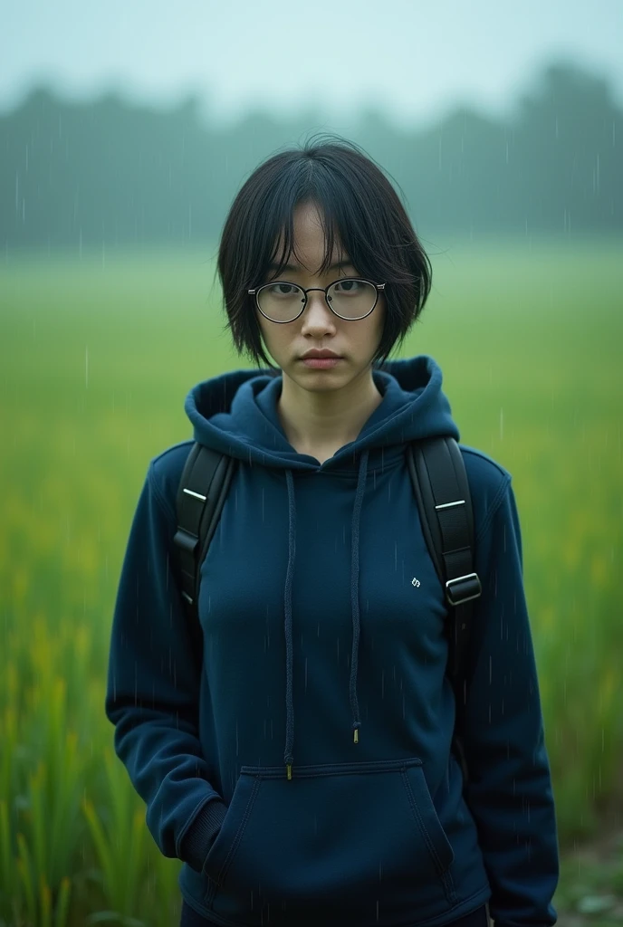 (Realistic) Realistic image (Asian woman), (Slim figure), (short hair), (White skin), (Dark Eyes), Wearing a navy blue hoodie, walking in heavy rain (Serious face), (Wear glasses), capture (Kodak color film style), Featured (Rough texture), Picturesque (Wide rice fields) In dramatic weather, Atmospheric, Vibrant colors, Natural light, Emotional atmosphere.