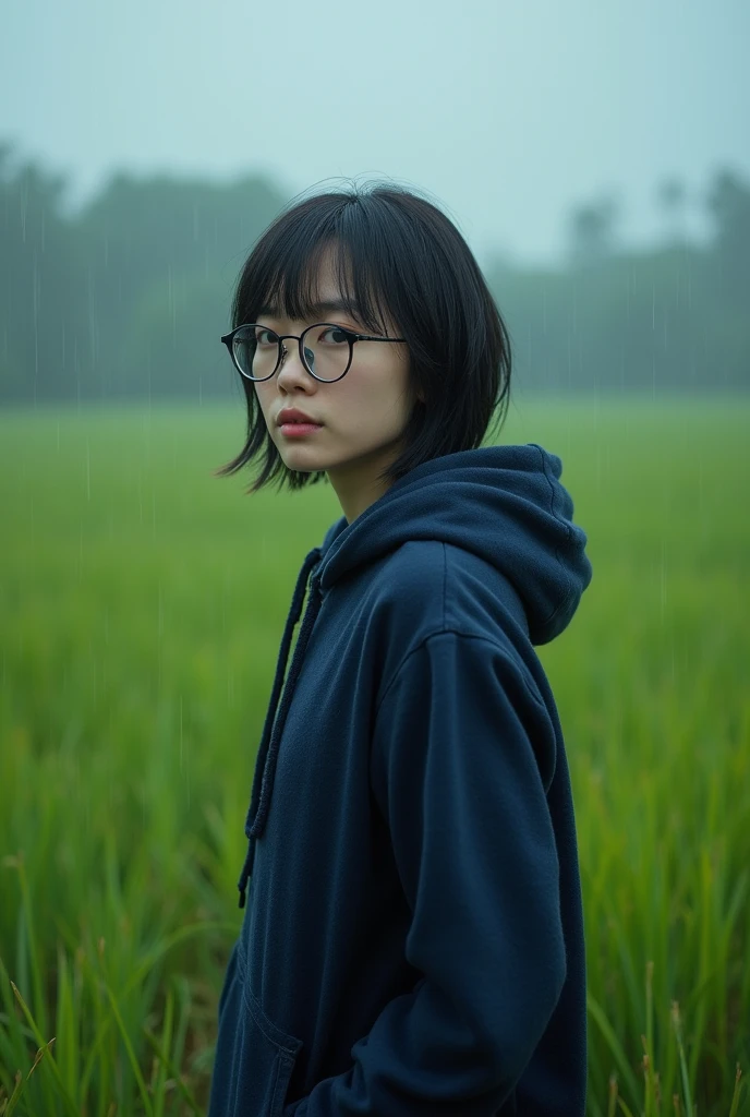 (Realistic) Realistic image (Asian woman), (Slim figure), (short hair), (White skin), (Dark Eyes), Wearing a navy blue hoodie, walking in heavy rain (Serious face), (Wear glasses), capture (Kodak color film style), Featured (Rough texture), Picturesque (Wide rice fields) In dramatic weather, Atmospheric, Vibrant colors, Natural light, Emotional atmosphere.
