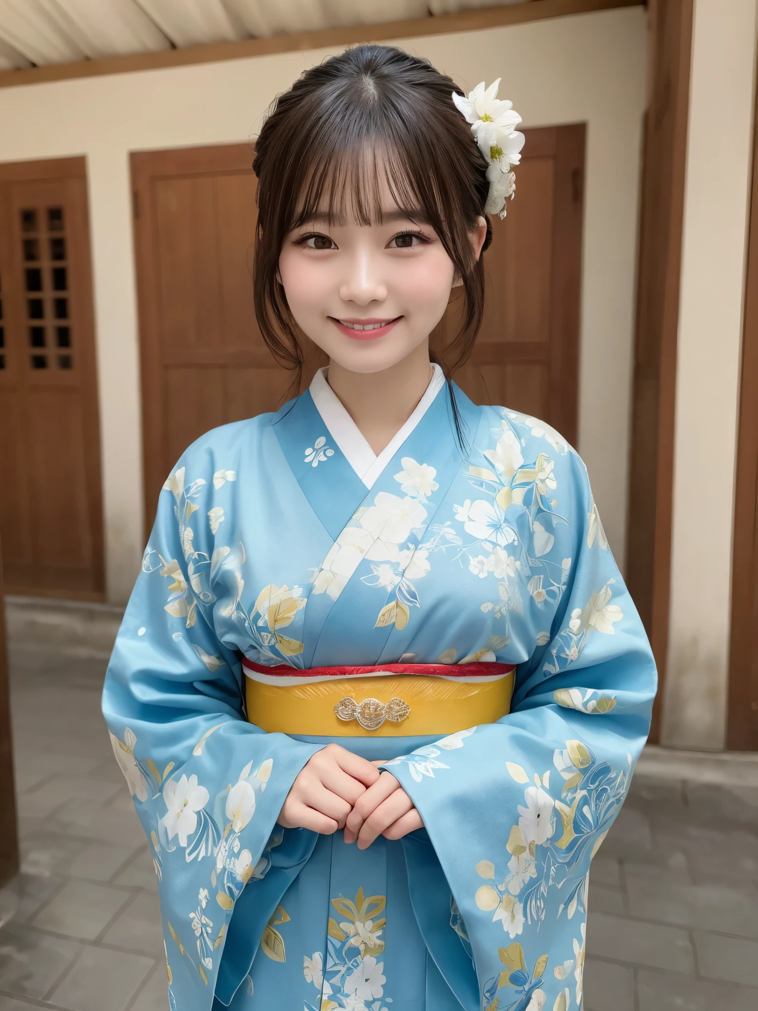 1girl, solo, highres, best_quality, masterpiece, detailed_background, intricate_details, beautiful, nara, heijo_palace, historical_site, traditional_clothes, kimono, smile, looking_at_viewer, dynamic_pose, natural_pose, candid, happy