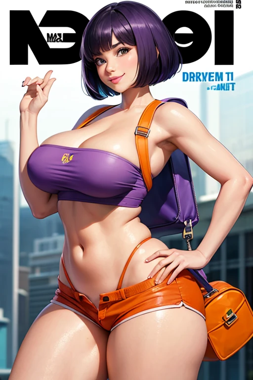 Magazine cover, Dora, sexy pose, big breasts, curvy, smile, bob haircut, purple crop top, orange mini shorts, purple backpack
