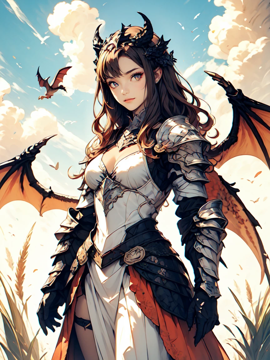 masterpiece, concept art, cowboy shot, centered, 1girl, kawaii dragon knight, dragon wings, red hair, violet eye, wavy long hair, grassland, cloud, sky, vibrant color, epic composition, epic proportion, HD