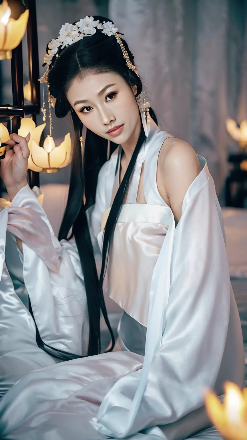 1 Fashion Model [[[[close up]]]], [[[[neck]]]], [[[[Shoulder]]]], (((Complete head)))，(((Complete hairstyle)))，Perfect eyes, Perfect Iris，Perfect lips，Perfect Teeth，Perfect skin，White skin，Soft headlights，High-density imaging，Black long hair，（Clean and delicate face），((White Hanfu))，((Half-length photo))，((night))，((Chinese Lanterns))，((Various dynamic poses))，((The background is the bedroom))，best quality，masterpiece，（Soft colors：1.2）