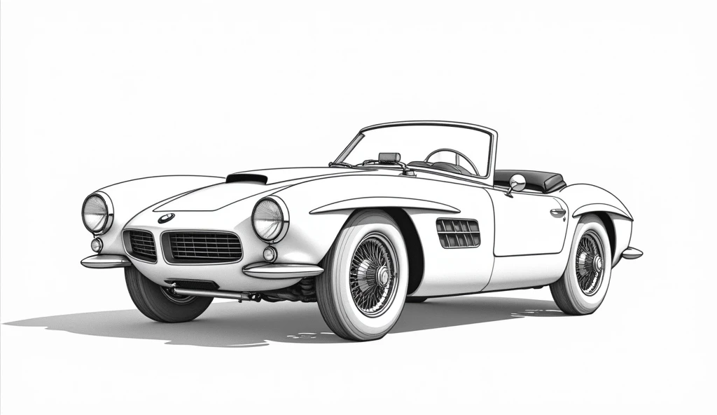 create a image of a BMW 507 car Country of Origin: Germany Brand: BMW Model: 507,classic run without hood Year of Creation: 1956, for coloring book,
black and white coloring book