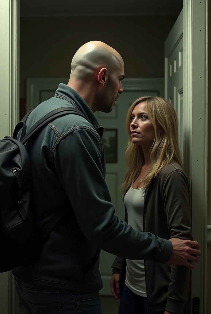 Bald white man telling blonde woman to close the door inside a house with a backpack in a zombie apocalypse 