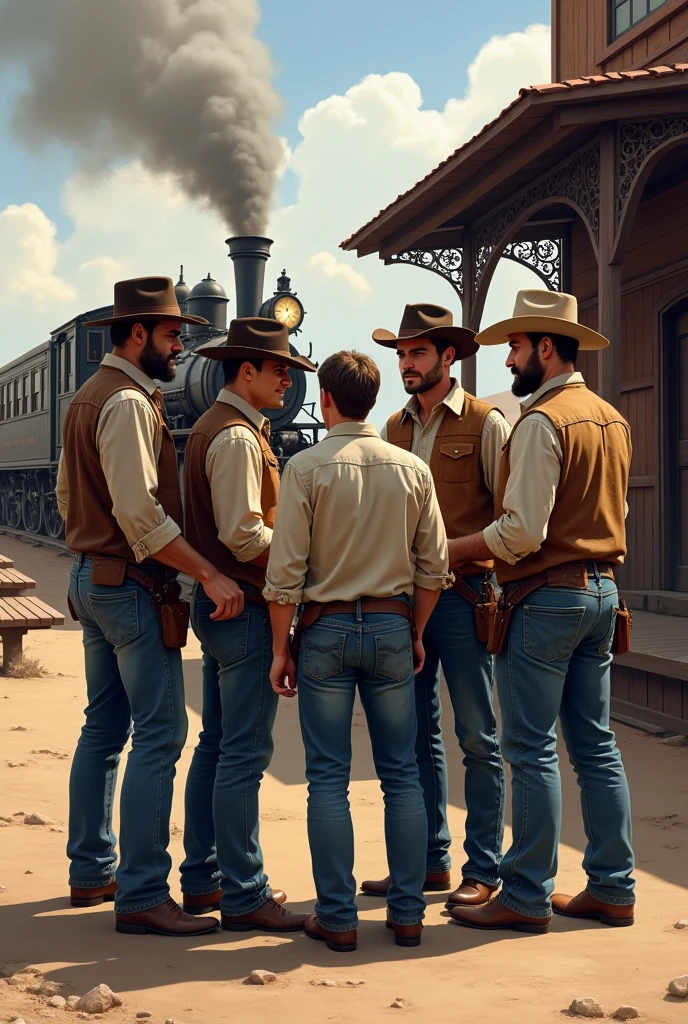 4 handsome cowboy men say goodbye to a cute young 2 handsome friend who is going on a train trip at a train stop