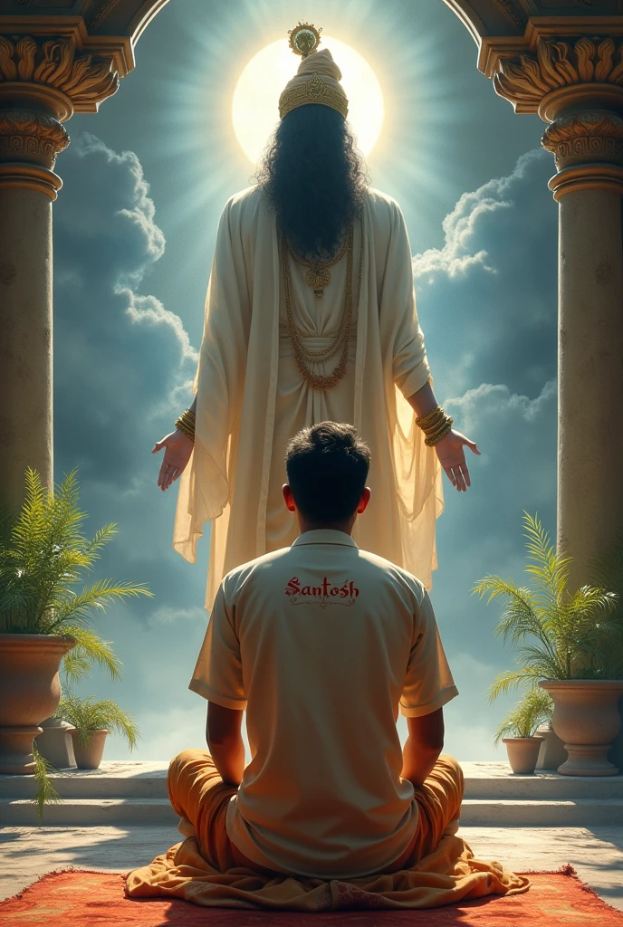 Creat an image of men(santosh) bowing in front of lord krishna. Write the name of men on his back of shirt,his name is santosh. He is bowing in front of lord krishna
