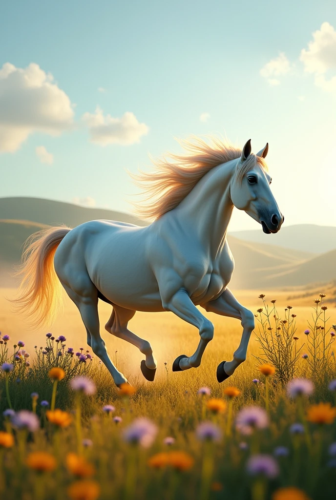 "Create a dynamic scene of a majestic white horse galloping through a sunlit meadow. The horse's mane flows gracefully in the wind, and its powerful muscles are highlighted as it runs. Surround the horse with vibrant wildflowers and tall grass, with a backdrop of rolling hills and a clear blue sky. Capture the essence of freedom and beauty in this moment."