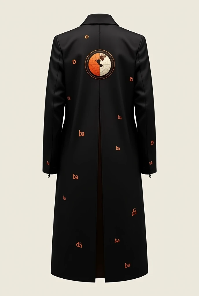 Create a coat design with a dove and a globe in the middle of the back. Not too big, simple but elegant, less is more, high fashion, with letters.(ba)Mixed in the shirt, the overall color is black and orange, conveying a business feel.