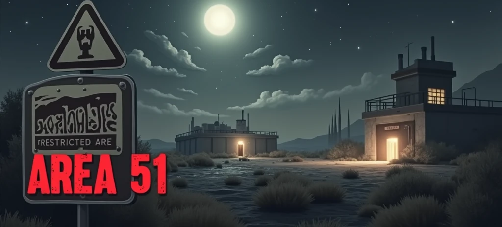 fund: A nighttime image of Area 51, with a starry sky and a soft light coming from the base, which will be partially covered by shadows. Central Element: A large Area 51 warning sign, indicating "Access Prohibited" ou "Restricted area", slightly illuminated by a mysterious light, suggesting something secret going on beyond her. Additional Detail: in the sky, signs of strange lights or a subtle silhouette of an alien ship may be included, but discreetly, leaving the mystery in the air. texto: The title of the video highlighted with a font that evokes military style or mystery, with contrasting colors, like white or yellow, to stand out against the dark background.