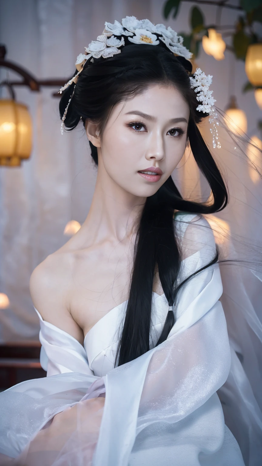 1 Fashion Model [[[[close up]]]], [[[[neck]]]], [[[[Shoulder]]]], (((Complete head)))，(((Complete hairstyle)))，Perfect eyes, Perfect Iris，Perfect lips，Perfect Teeth，Perfect skin，White skin，Soft headlights，High-density imaging，Black long hair，（Clean and delicate face），((White Hanfu))，((Half-length photo))，((night))，((Chinese Lanterns))，((Various dynamic poses))，((The background is the bedroom))，best quality，masterpiece，（Soft colors：1.2）