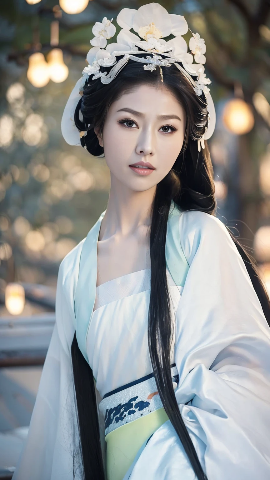 1 Fashion Model [[[[close up]]]], [[[[neck]]]], [[[[Shoulder]]]], (((Complete head)))，(((Complete hairstyle)))，Perfect eyes, Perfect Iris，Perfect lips，Perfect Teeth，Perfect skin，White skin，Soft headlights，High-density imaging，Black long hair，（Clean and delicate face），((White Hanfu))，((Half-length photo))，((night))，((Chinese Lanterns))，((Various dynamic poses))，((The background is the bedroom))，best quality，masterpiece，（Soft colors：1.2）