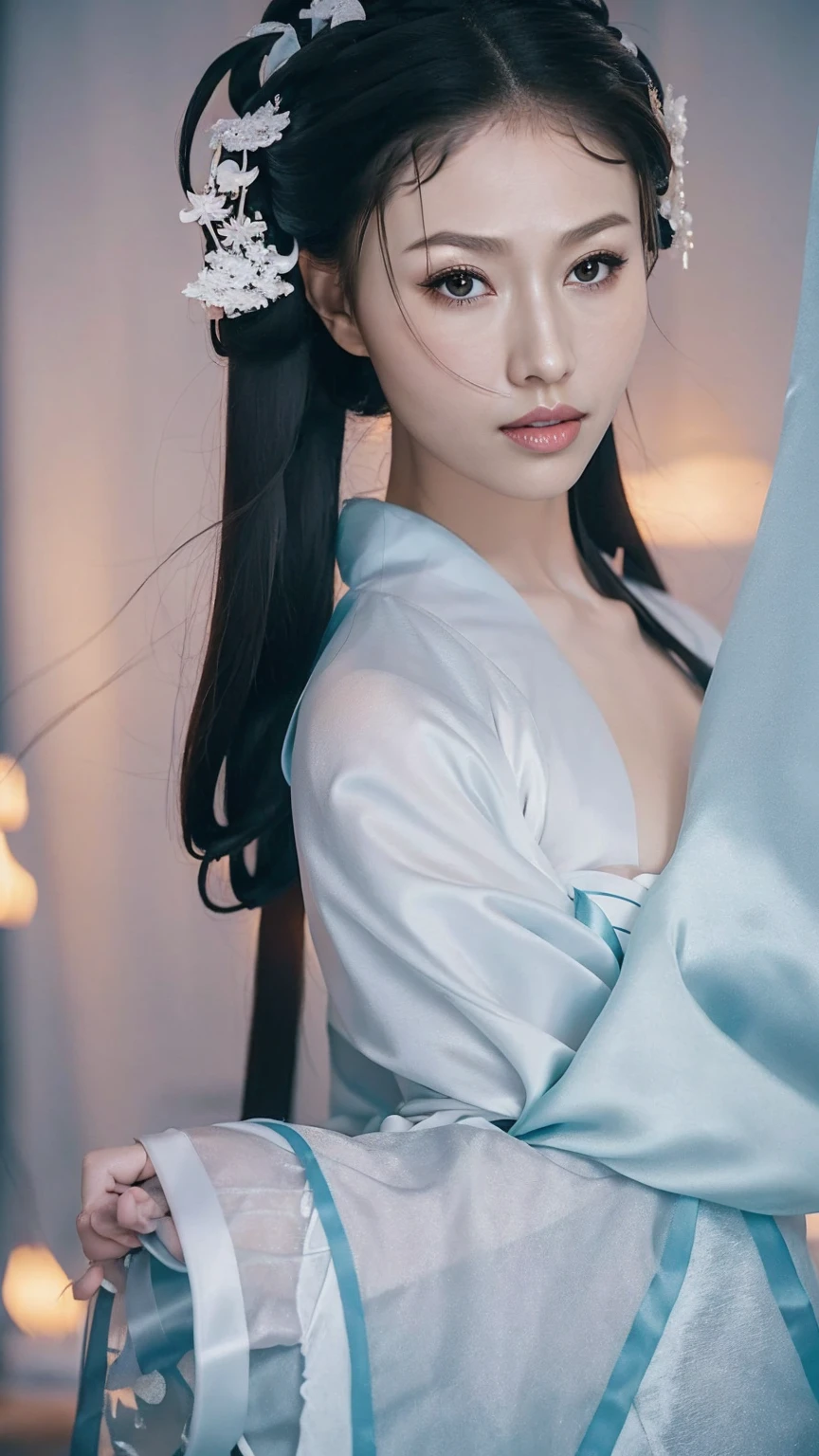 1 Fashion Model [[[[close up]]]], [[[[neck]]]], [[[[Shoulder]]]], (((Complete head)))，(((Complete hairstyle)))，Perfect eyes, Perfect Iris，Perfect lips，Perfect Teeth，Perfect skin，White skin，Soft headlights，High-density imaging，Black long hair，（Clean and delicate face），((White Hanfu))，((Half-length photo))，((night))，((Chinese Lanterns))，((Various dynamic poses))，((The background is the bedroom))，best quality，masterpiece，（Soft colors：1.2）