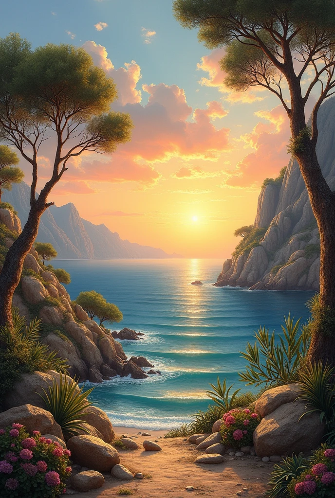 a beautiful painting, roman art style, easy to draw, easy to paint, very nice color harmony, without people, outdoor scenery, like sunsets or ocean views, roman style