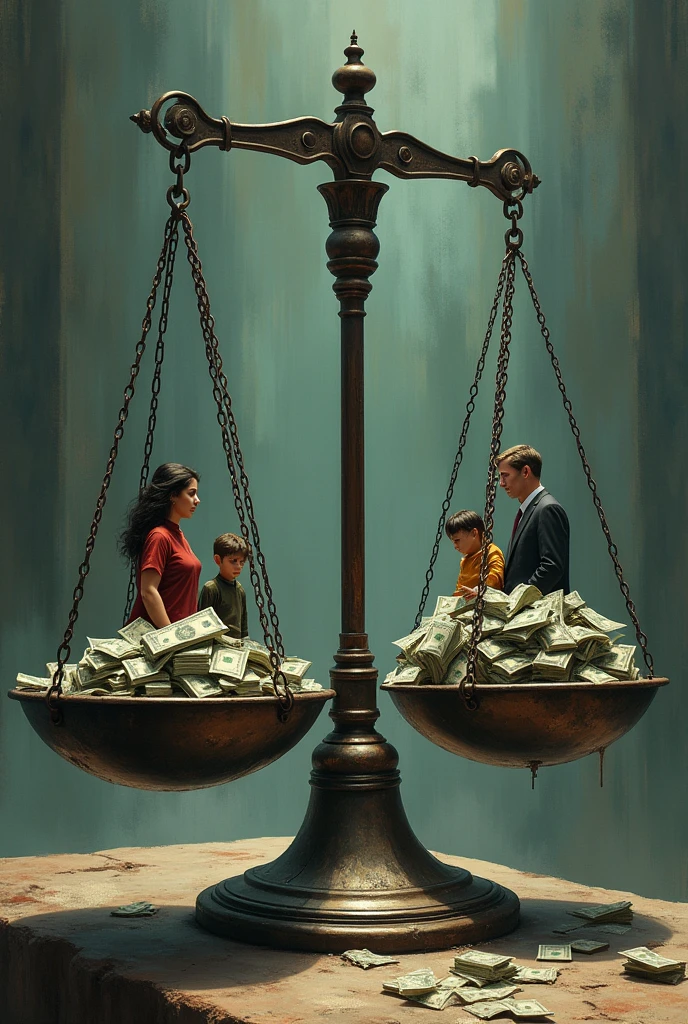 Image of an unbalanced scale with a family on one side and money on the other.