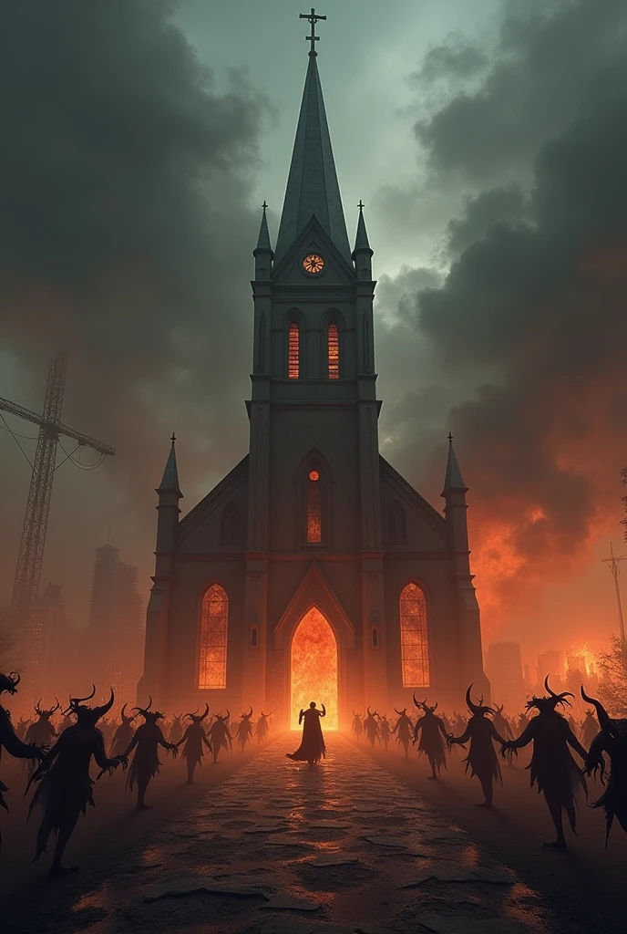 Church on fire surrounded by demons