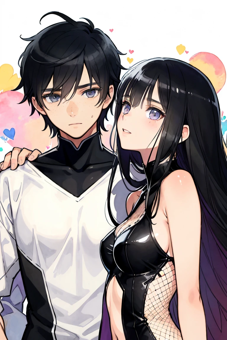 man and woman, couple, love, mature, a cat woman, she has freckles, she has dark brown eyes and an upturned nose, she is happy and smiling, she has long wavy hair, black hair, she is wearing aviator sunglasses with clear lenses in a soft watercolor style. The girl's clothes must be pink, purple, and blue in celebration of the bisexual, with stains of ink and watercolor mixing and filling the scene. he has blonde hair, he is handsome, he is slim. There should be a subtle, nuanced change in colors using the impasto technique with gouache paint. There should be a light rain in the watercolor painting with a little watercolor paper texture and a pastel background.