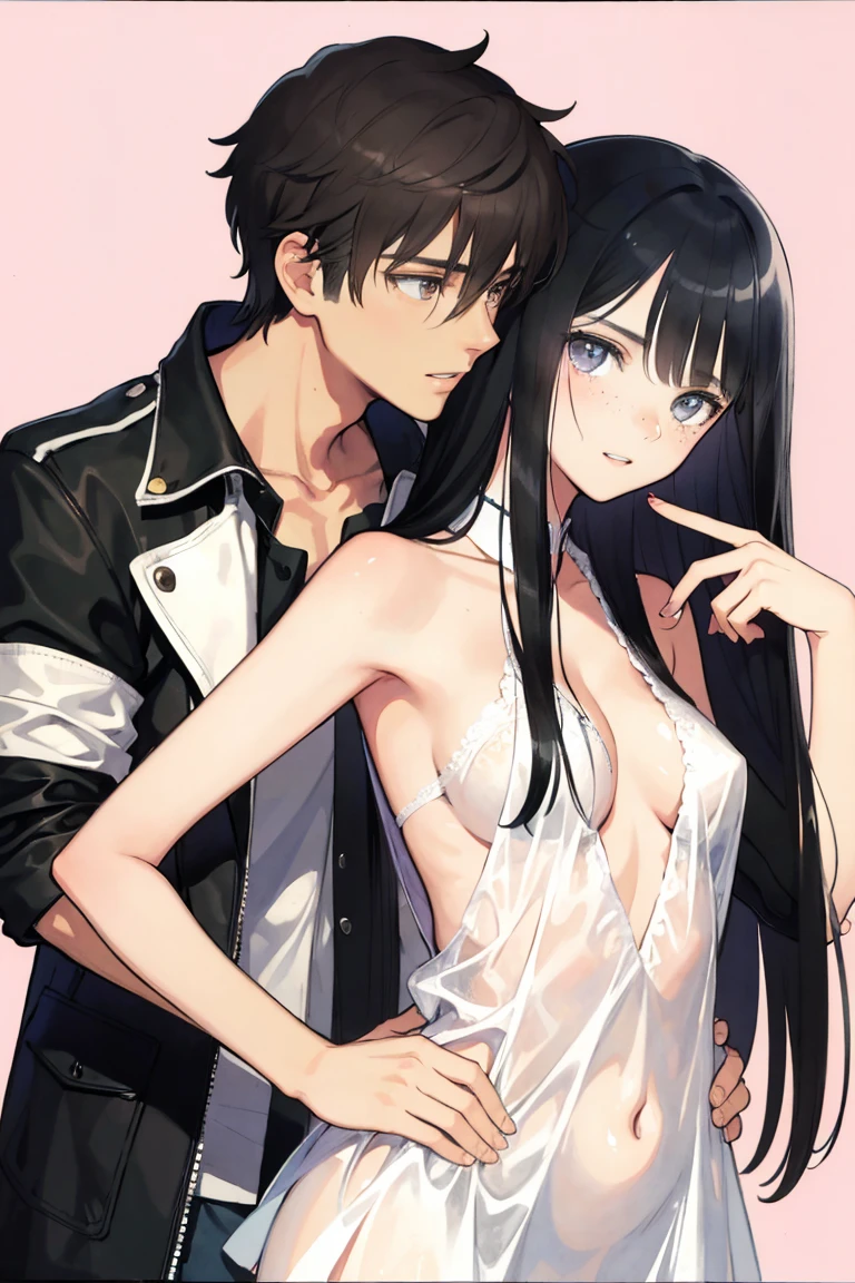 man and woman, couple, love, mature, a cat woman, she has freckles, she has dark brown eyes and an upturned nose, she is happy and smiling, she has long wavy hair, black hair, she is wearing aviator sunglasses with clear lenses in a soft watercolor style. The girl's clothes must be pink, purple, and blue in celebration of the bisexual, with stains of ink and watercolor mixing and filling the scene. he has blonde hair, he is handsome, he is slim. There should be a subtle, nuanced change in colors using the impasto technique with gouache paint. There should be a light rain in the watercolor painting with a little watercolor paper texture and a pastel background.