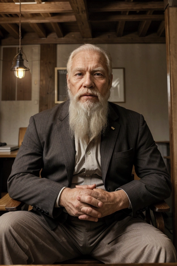 fot, man strong, 70 years old, white bearded, wrinkles, wearing suit, sitting in a chair behind a large dark wood inside an old office, a small lamp on the table.