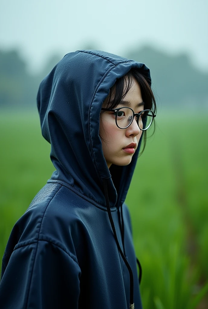 (Realistic) Realistic image (Asian woman), (Slim figure), (short hair), (White skin), (Dark Eyes), Wearing a navy blue hoodie, walking in heavy rain (Serious face), (Wear glasses), capture (Kodak color film style), Featured (Rough texture), Picturesque (Wide rice fields) In dramatic weather, Atmospheric, Vibrant colors, Natural light, Emotional atmosphere.