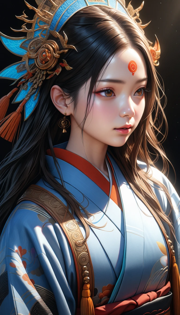 1girl, goddess, japanese deity, divine, divine being, long dark hair, stunningly beautiful, detailed facial features, flawless skin, elegant kimono, flowing robes, traditional Japanese clothing, detailed ornate patterns, intricate designs, ethereal, glowing, divine aura, mystical, serene expression, photorealistic, hyper detailed, high resolution, ultra-detailed, masterpiece, (best quality,4k,8k,highres,masterpiece:1.2),ultra-detailed,(realistic,photorealistic,photo-realistic:1.37),vivid colors,studio lighting