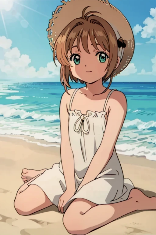 High resolution backgrounds,Beautiful background,anime, cute, girl at the beach,A big sun setting on the horizon, ,White camisole dress,Chestnut Hair,Short Bob Hair,barefoot,Green Eyes,White straw hat,Lens flare,Sitting flat directly on the sand,smile