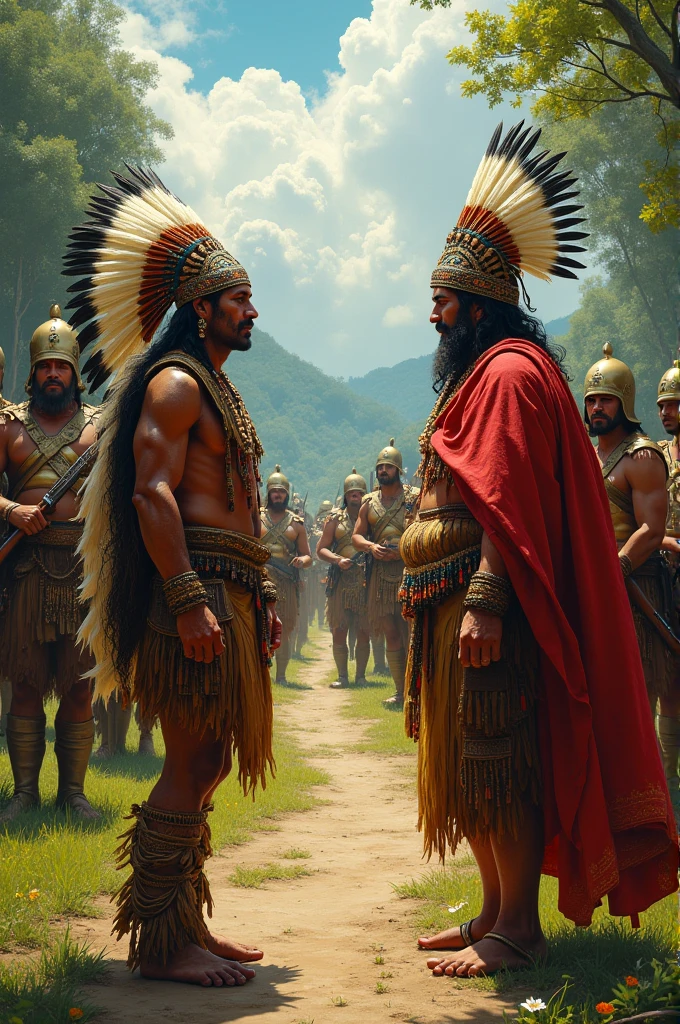 An indigenous leader tries to negotiate with a European leader, but the Europeans, now armed and in greater numbers, Advance