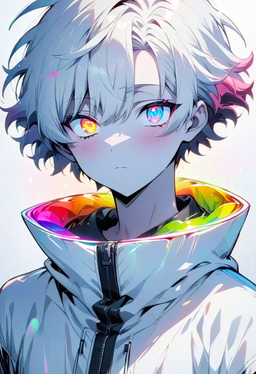[(WHITE BACKGROUND:1.5)], ((masterpiece)), high quality, ((solo)), ((1 younger boy)), (white color short hair), (rainbow color eye), bright skin, white parka, upper body, ((anime style)),