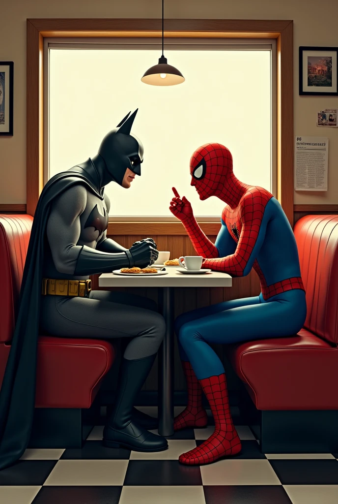 Batman having breakfast with Spiderman