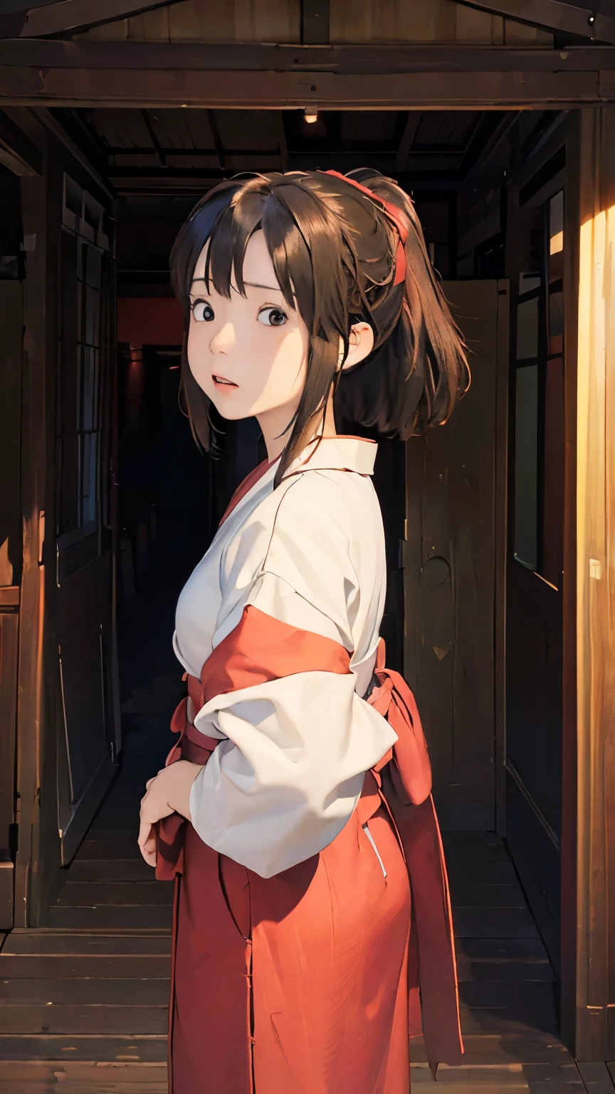 (masterpiece:1.4)、(Highest quality:1.4)、(High resolution:1.4)、Chihiro Ogino、ponytail、Unite Form、Red kimono、Entrance to an old inn、Cloudy、colorful、High contrast