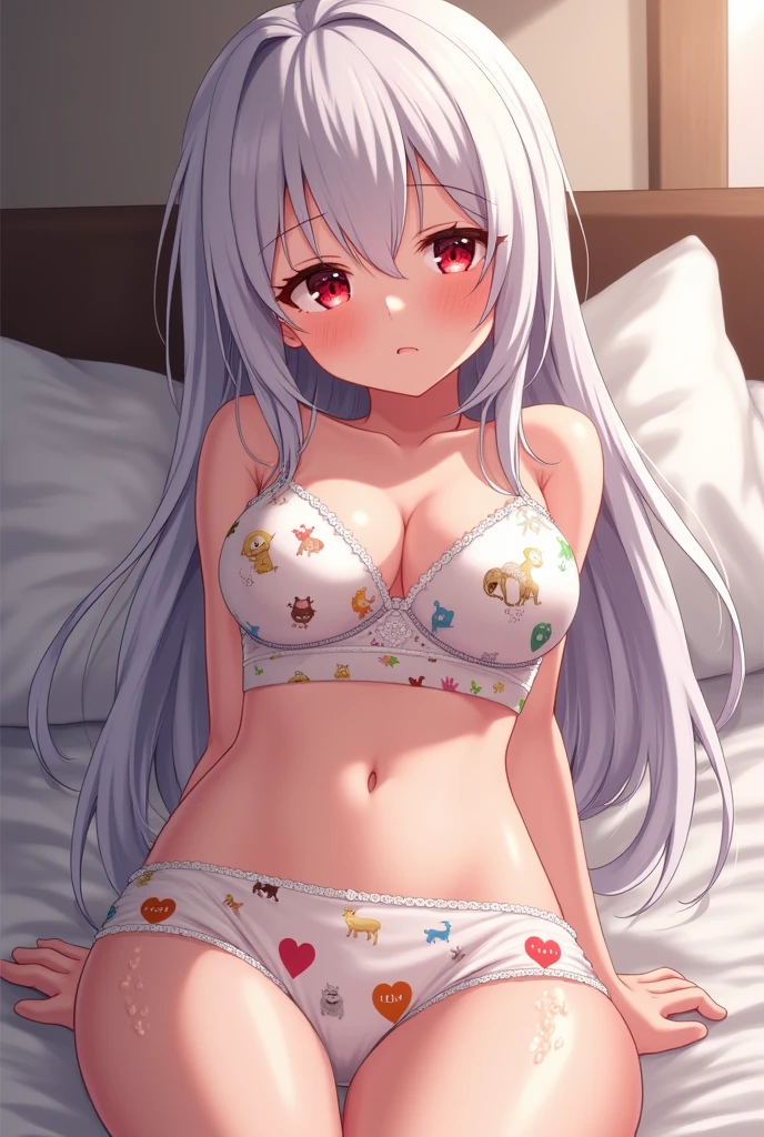 anime girl alone, small chest, height of 155 centimeters, long straight white hair and crimson red eyes, in wet underwear with shame and open legs , a bra made of white with animal and heart prints and a wide panty made of white panty with animal and heart prints and wet in the clitoris area, in bed